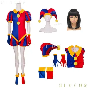 Funny Circus Clown Cosplay Costume wig Halloween Cute Pommni Clothes Hat Cartoon Onesie Red and Blue Stripe Carnival Costume