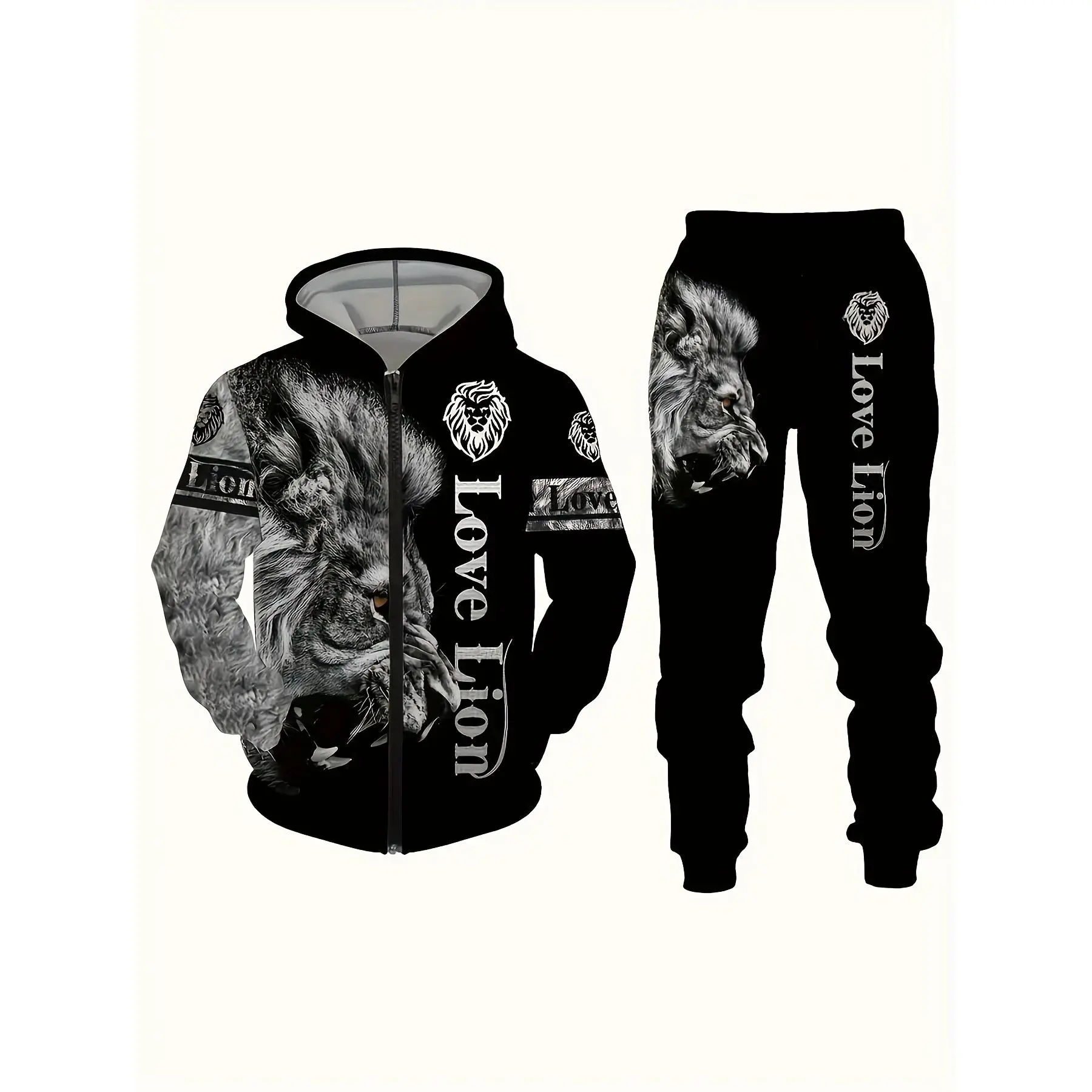 Men's 2-Piece Casual Lion Print Hoodie & Sweatpants Set, Long Sleeve Menswear Casual Fashion Knitted Animal Pattern Outfit, Casual Fashion Set