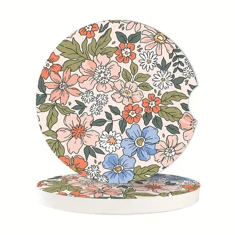 Floral Pattern Car Cup Holder Coaster, Multipurpose Round Anti Slip Cup Mat, Car Interior Decoration Accessories for Women & Men, Car Accessories, Car Interior Decor, Cute Car Decor, Car Interior Decorative