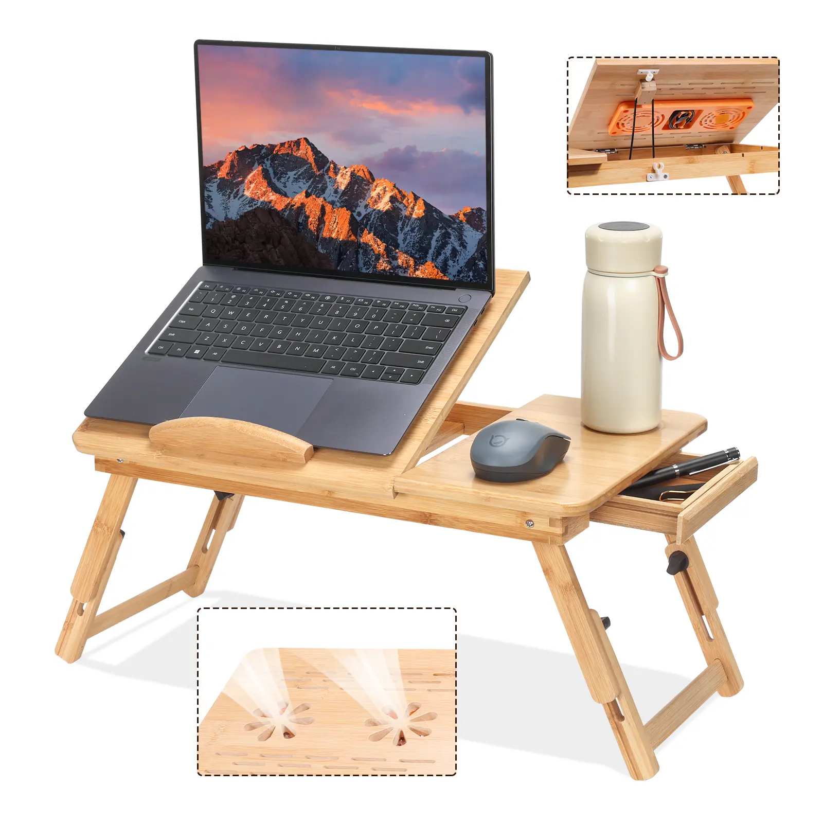 Bamboo Height-Adjustable Laptop Stand & Tray with Cooling Fan, Drawers, Tilting Top - Compact Foldable Space-Saving Bed Tray for Students (WFH Setup, Bed/Sofa Use)