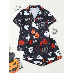 [Halloween Vibe On] Ghost & pumpkin printed short-sleeve + short set. Loose fit, cute and funny loungewear/pajamas. Eye-catching, fresh, youthful, perfect for both home and out. Nightwear Polyester Womenswear Pjs Tops Piece