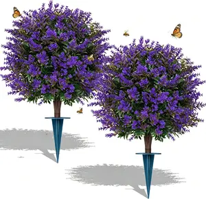 Artificial Lavender Topiary Ball Trees, 2 Set of Boxwood Outdoor Shrubs with Spike, Faux Bushes UV Resistant Fake Plants for Garden Front Porch Indoor Decor.