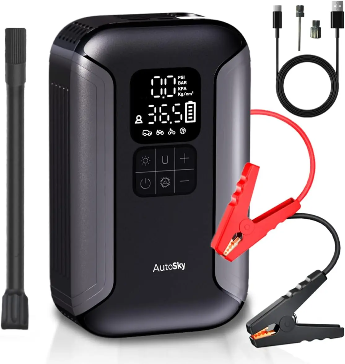 AutoSky Car Emergency Kit - Truck & Car Jump Starter, Tire Inflator, Flashlight, Backup Battery, Essential Vehicle Accessories, Car Accessories Automotive Car Jack Kit