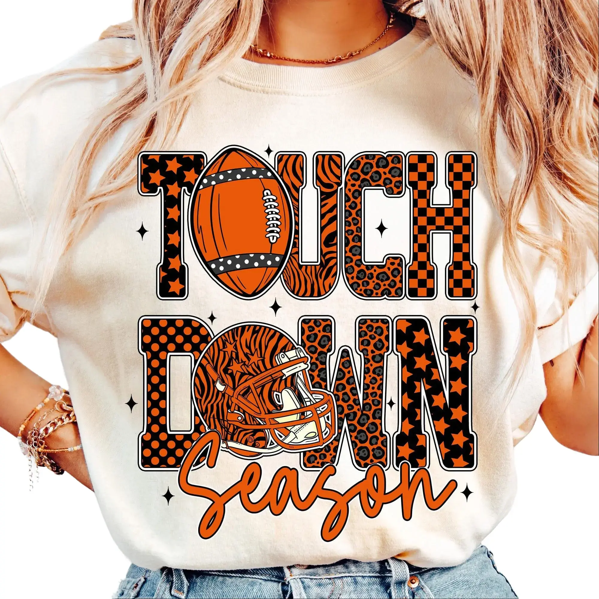 Women's Short-Sleeve Print Top - Orange Leopard-Checkered Football Graphic, Game Day Season, Fall Style, Football Mom T-Shirt for Pairing with Jeans, Everyday Simple Wear