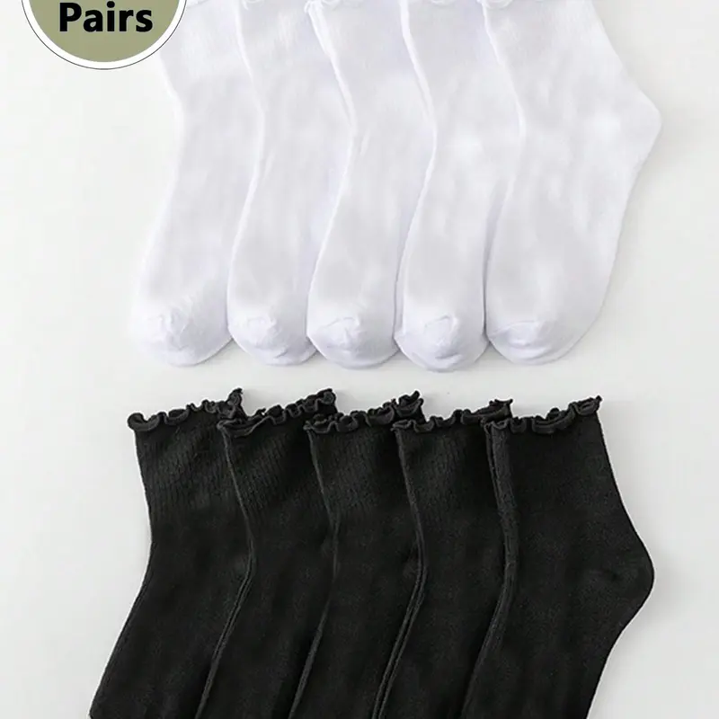 Women's 10 Pairs Solid Color Basic Lettuce Trim Crew Socks, Simple Comfy Breathable for Daily Outdoor Wear, Multipack Knit Socks for All Seasons, Fashionable Casual Daily Socks, Bulk Socks