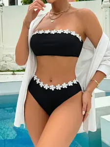 Women's Bikini Set, Sexy Solid Color Halter Top, Detachable Shoulder Straps, Embroidered Flowers, Beach Swimwear Summer Vacation Style, Halter Bikini Swimsuit