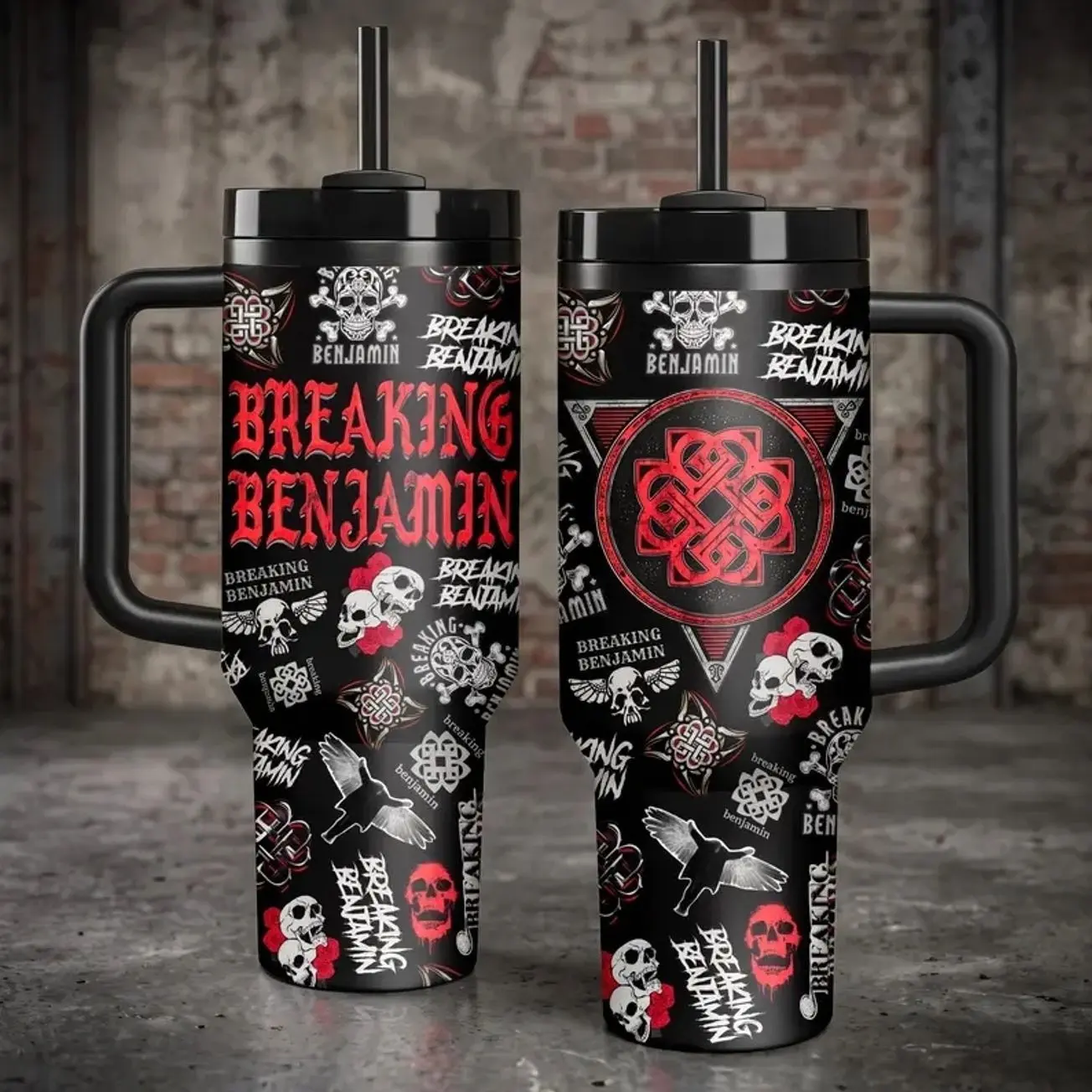 Breaking Benjamin Rock Band 40oz Tumbler with Handle and Straw, Heavy Metal Music Skull Celtic Knot Insulated, Gift for Rock Fans