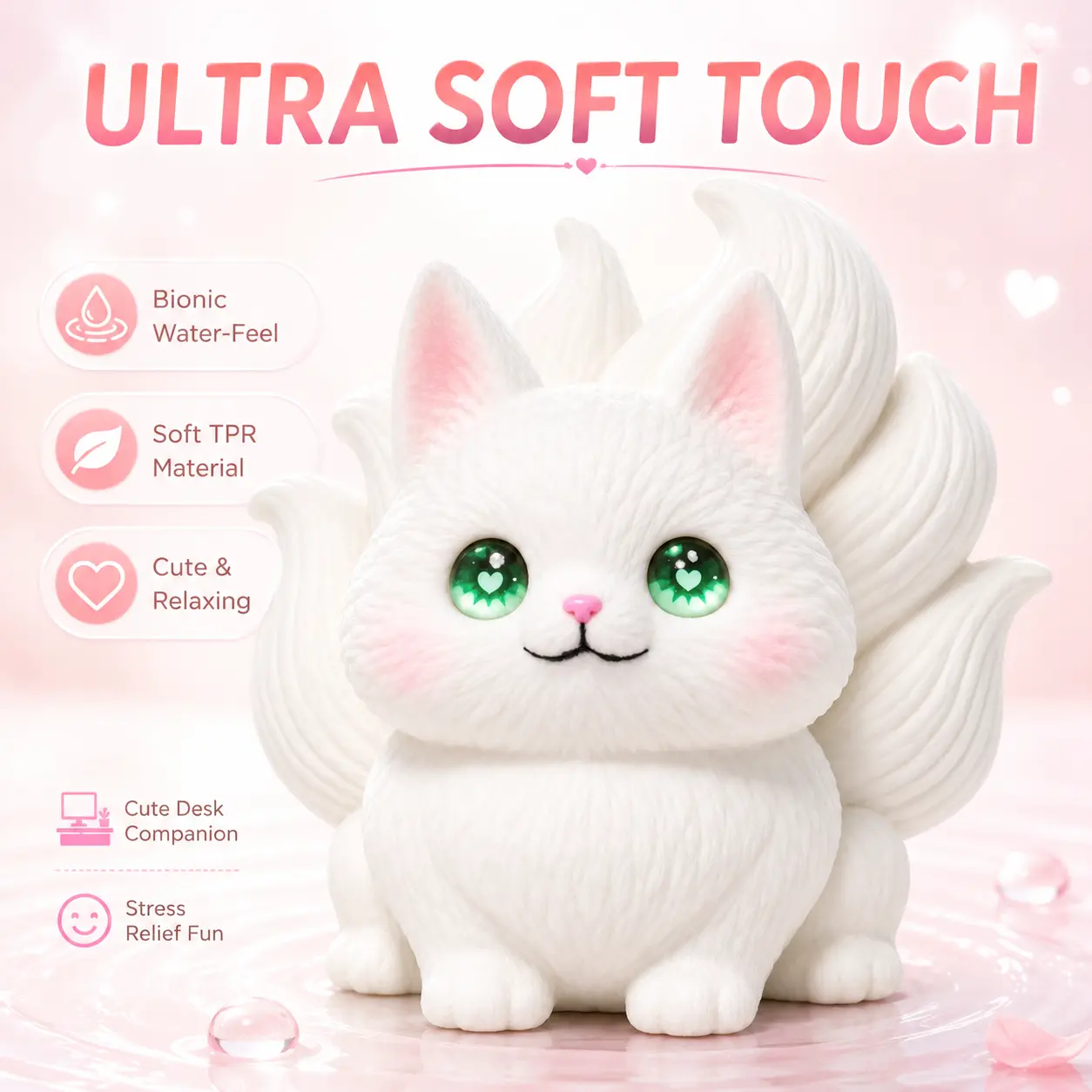 Cute Nine-Tailed Fox Squishy Toy, Ultra Soft TPR Blind Box Squeeze Toy, Bionic Water-Feel Stress Relief Fidget Toy, Kawaii Desk Decor Gift for Kids and Adults