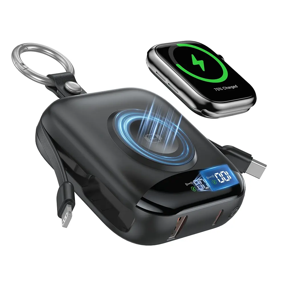 10000 mAh Wireless Charging Portable USB Power Bank for Watches and Smartphones, Fast-Charging PD 20 W with Dual Wires, LED Digital Display, 5 Outputs and Zinc Alloy Hanging Ring