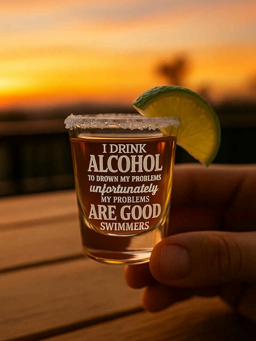 Good Swimmers Engraved Shot Glass – I Drink Alcohol to Drown My Problems – Funny Tequila Whiskey Shooter, Groomsmen Gift, Personalized Barware