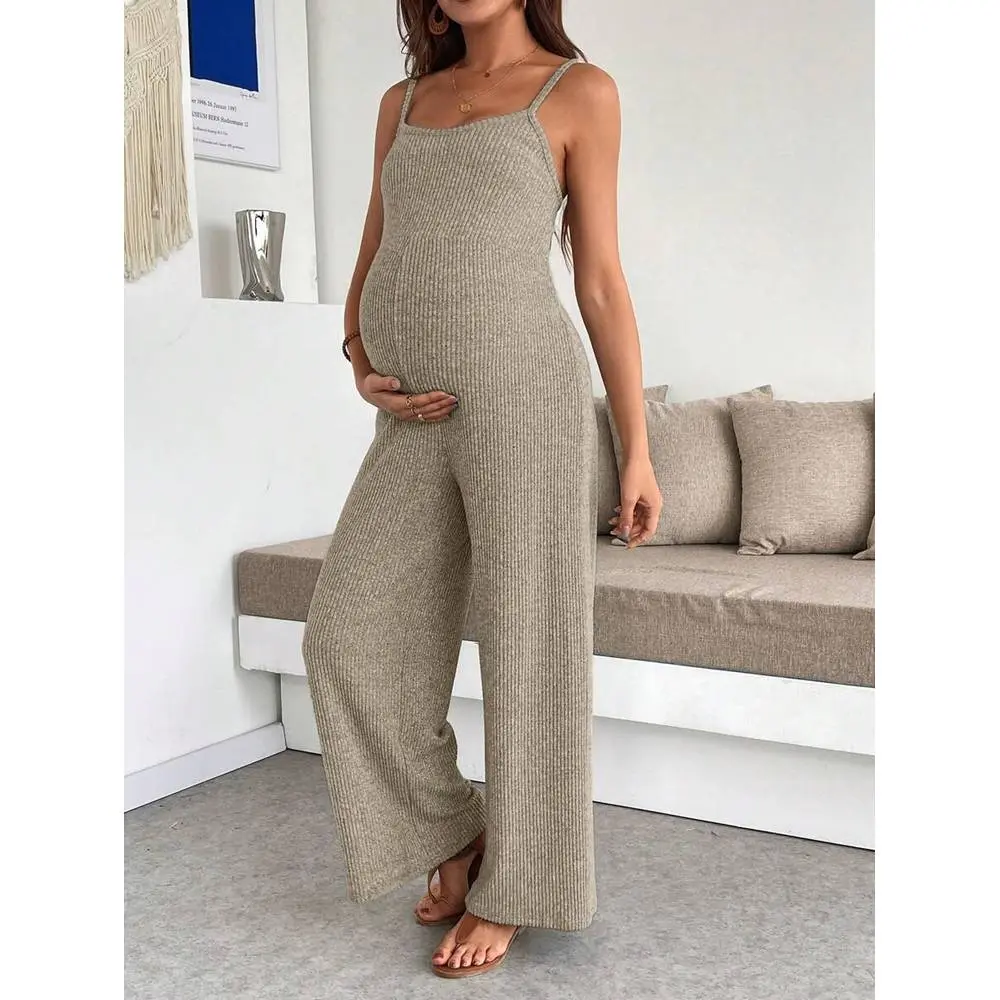 Maternity Solid Color Ribbed Casual Jumpsuit With Suspenders
