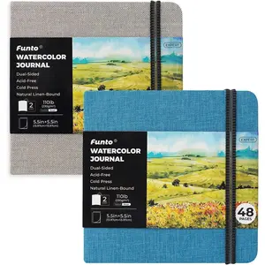 Watercolor Journal, Square, 5.5x5.5, Portable 2-Pack, 48 Pages Each, Gray&Blue Cover, 110lb/230gsm, Art Supplies for Mixed Media