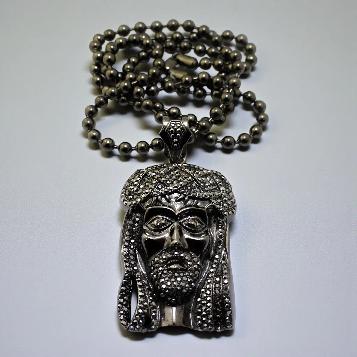 MaxBling81 Men's Hip Hop Carved Jesus Christ Head Pendant Chain & Link Necklace, Hematite Plated with CZ Accents, 6mm 36-Inch Ball Chain, Biblical Themed Necklaces, Carved Jesus Christ Pendant Necklaces