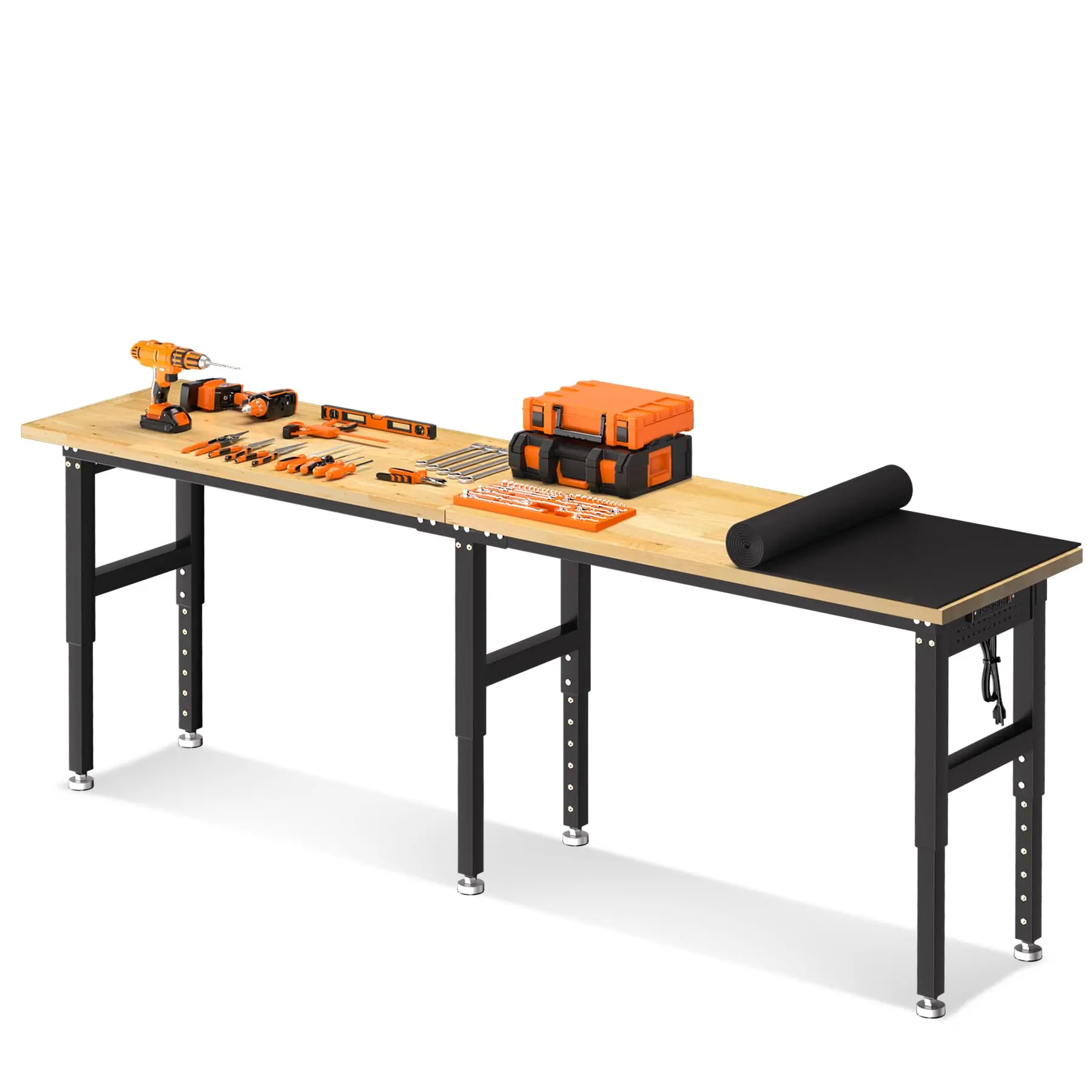 Garvee Heavy-Duty Height Adjustable Workbench, 96 Inch Rubber Wood Top, 5500 LBS Load Capacity, Built-In Dual Power Outlets & Pegboard Storage Organizer, Perfect for Garage, Workshop & Office