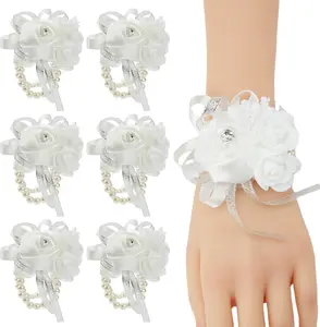 White Wrist Corsages for Prom, Set of 6, Rose Wedding Wrist Corsage for Bridal Bridesmaid Girl Women,  Wrist Flower for Mother of Bride, Artificial Hand Flower for Homecoming Anniversary