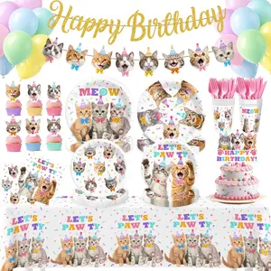 192 Pcs Cat Birthday Paper Plates Tableware Set (Serves 24), Cat Birthday Party Supplies Include Banner Plates Napkins Cups Forks Knives Tablecloth Topper Balloons For Party Supplies