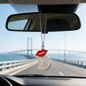 Alloy Rhinestone Lip Letter Rearview Mirror Hanging Ornament, Alloy Material, 26 Letter Car Interior Decor, Stylish Car Accessory, Car Interior Decoration