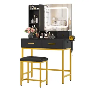 Vanity Desk with LED Lighted Mirror & 3 Color Modes, 4 Drawers, 2 Storage Shelves and Charging Station, White Makeup Table for Bedroom & Dressing Room, Led Lighting, Easy Setup