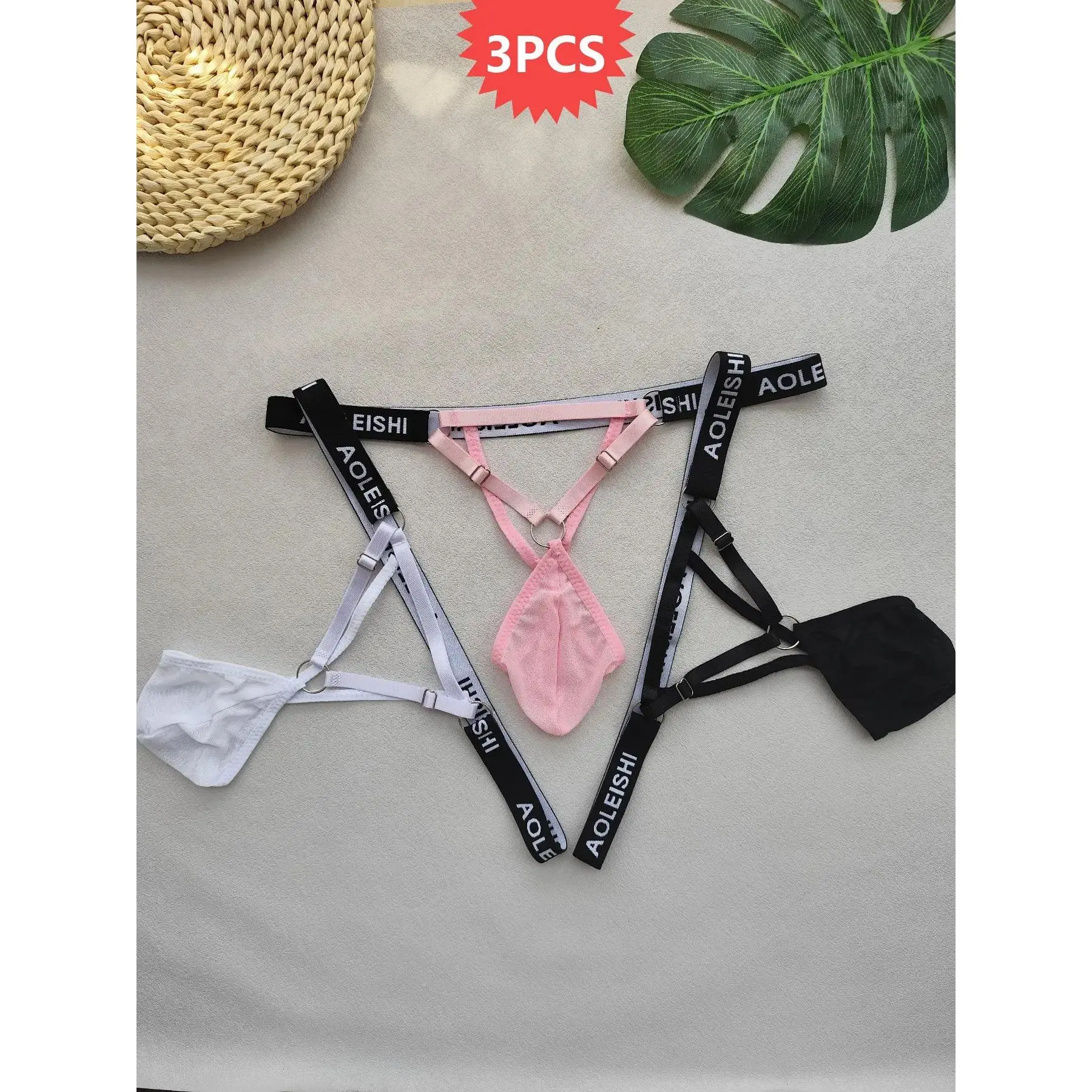 Men's 3pcs Thongs Jockstrap Set - Menswear, Metal Rings, Sleek Minimalist Plain Design, Breathable Sport Underwear, 1 Size, One Size
