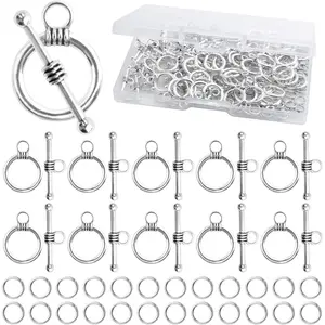 50 Sets Toggle Jewelry Clasp Sets Metal Toggle Clasps Connectors Bar and Round Ring Clasps with 100pcs Open Jump Rings and a Box for DIY Jewelry Making