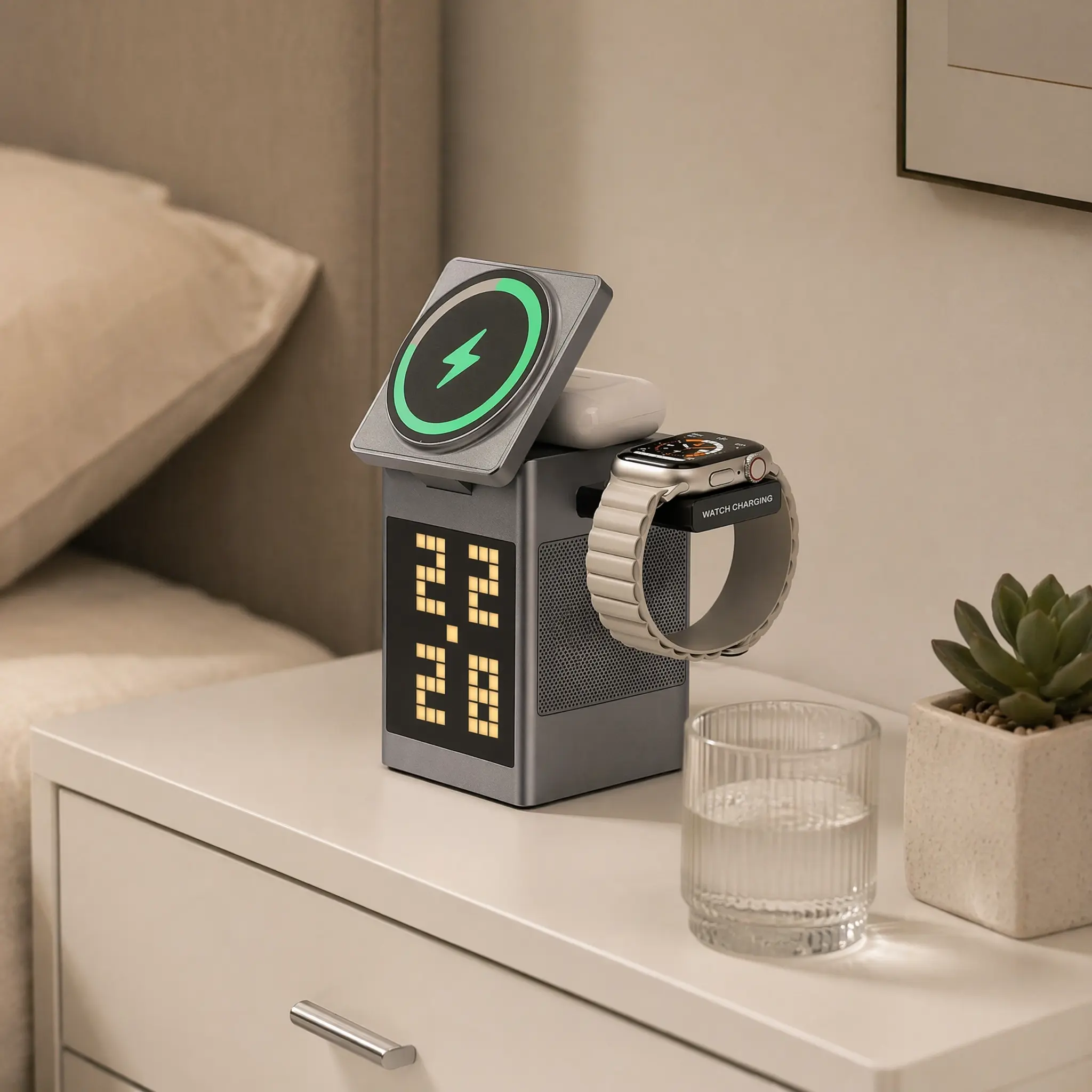 6-in-1 Magnetic Wireless Charger Stand with Speaker, Pixel Display, Night Light & Alarm Clock - Rotating Dock for Phone, Watch, Earbuds - Fast Charging Desk/Bedside Station for All Smart Devices, Wearable Accessories