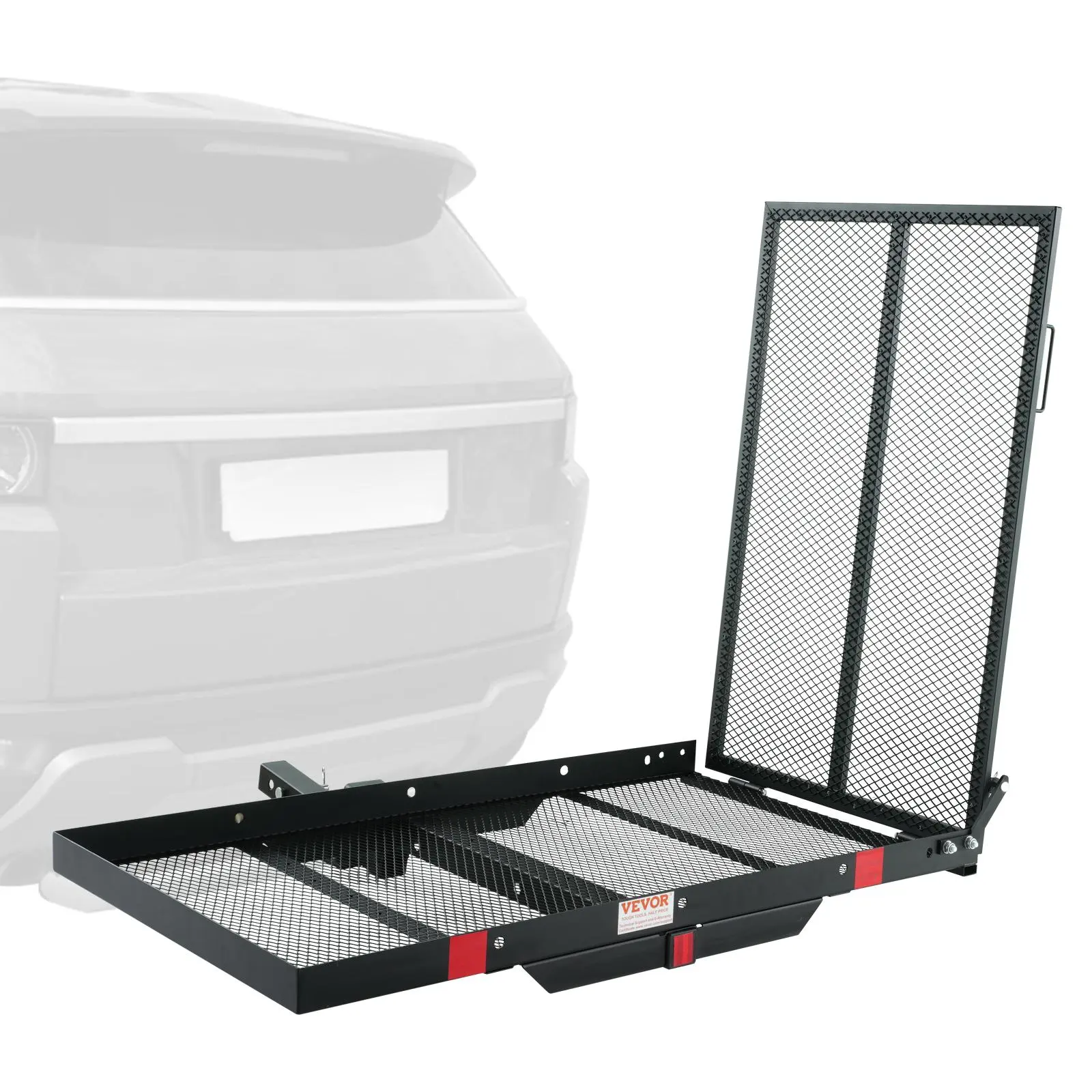 【Summerfinds】VEVOR Hitch Mount Cargo Carrier, 45.3" x 25.6" Iron Hitch Cargo Rack with Folding Ramp, Hitch Rack Basket with Stabilizer and Straps, 500LBS Mobility Scooter Carrier Fit 2" Hitch Receiver