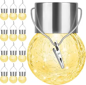 12Pack Hanging Outdoor Solar Lights - Decorative Cracked Glass LED Ball Lights  Tree Solar  Globe Lights with Handle for Garden Yard Patio Fence Christmas Decoration, Warm White