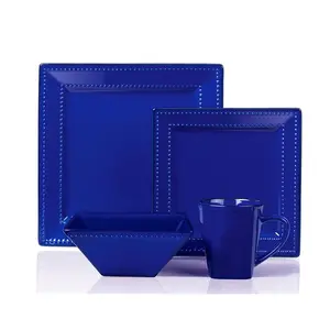 16 Piece Square Beaded Stoneware Dinnerware Set, Blue