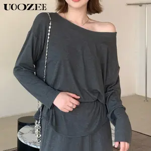 UOOZEE Women's Basic Baggy Blouse - 2025 Early Autumn Chic, 1-Shoulder/Round Neck Long-Sleeved, Elastic Minimalist, Flowy Comfortable Off-Shoulder Top for Urban Commuting (White Slightly Sheer, Breathable Fit)