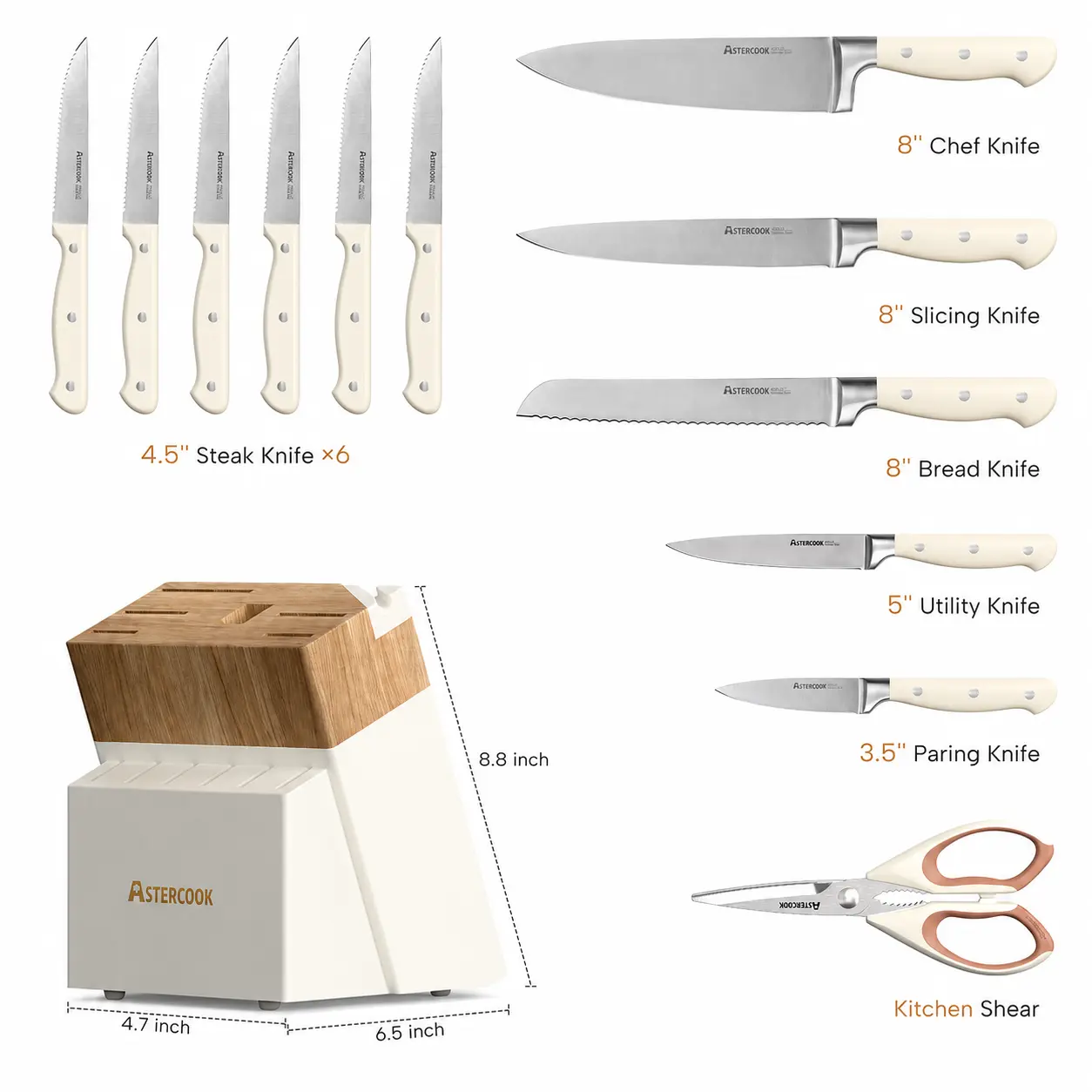 Astercook 13-Piece Kitchen Knife Set with Block and Sharpener, Full Tang Stainless Steel Knives, Dishwasher Safe Anti-Slip Knife Block Set for Chopping, Slicing and Meal Prep Handles