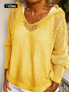 Women's Knitted Hoodie Pullover Sweater, Hollow Out Design Knitwear, Long Sleeve Loose Fit, Casual Fashion Top for Fall & Winter