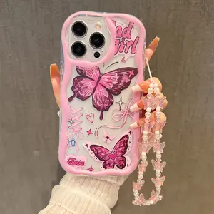 Fashion Shockproof Phone Case with Cute Butterfly Print and Lanyard Chain, Compatible with Apple iPhone 17 Pro Max/16 Pro/15/14 Pro Max/14 Pro/14/13/12 Pro/12/11