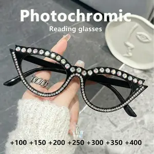 Women's Cat Eye Color Changing Reading Glasses, Anti-Blue Light Diamond Decor, Daily Use for Reading and Travel
