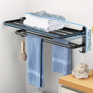 BEPATIO Foldable Wall-Mounted Aluminum Towel Rack Matte Black Bathroom Organizer with Double Bars & Hooks, Rustproof, Easy to Install, Sleek Design