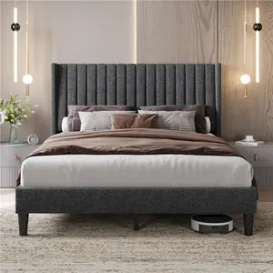 Costoffs Linen Fabric Upholstered Bed Frame Queen with Wood Slat Ventilation 6" Under-Bed Space Easy Assembly