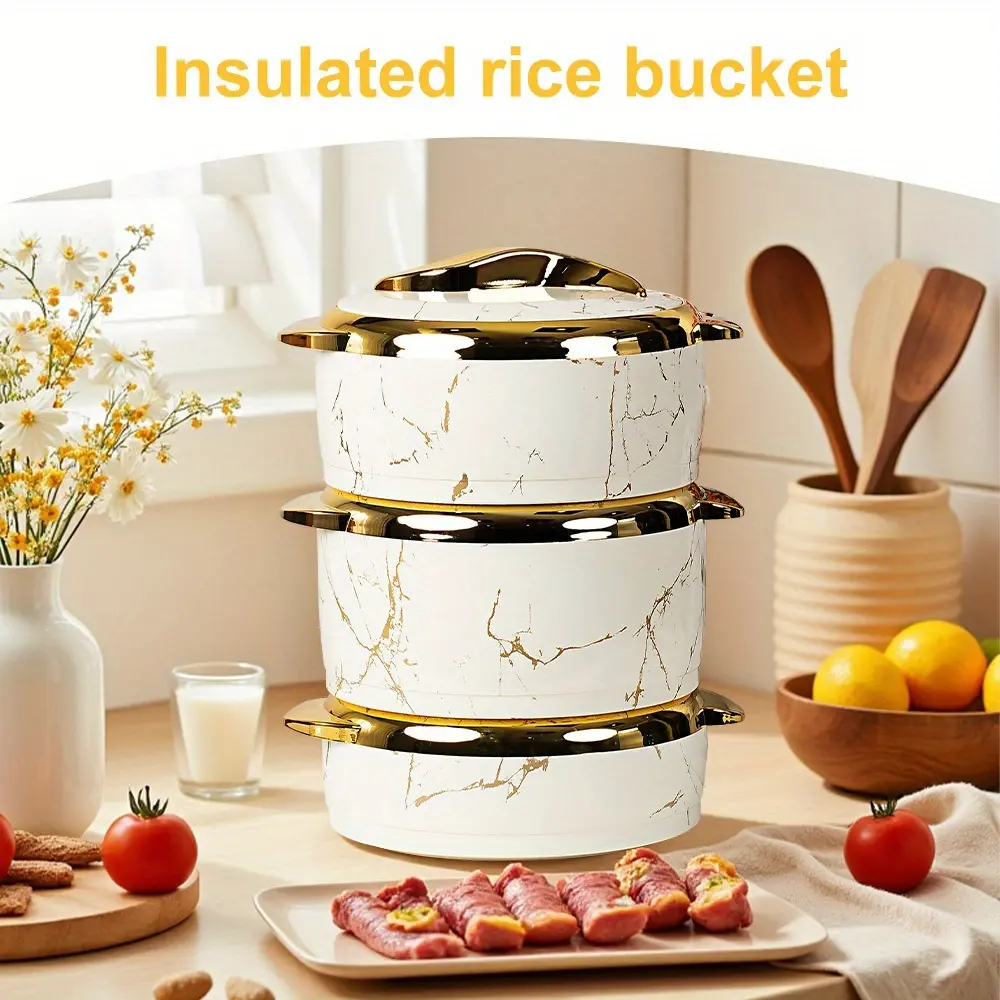 3-Piece Multi-Size Luxury Thermal Casserole Bakeware Set with Lids - Stainless Steel 2.6 Qt/2.1 Qt/1.6 Qt Plastic ABS Food Warmer, Leakproof Insulated Serving Bowls, Hot/Cold Retention for Hours, Marble White for Buffets, Daily Use