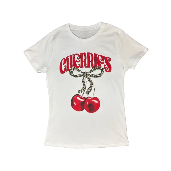 Women's Cherry Bowtie Cheetah Print T-Shirt - Slim-Fitted Casual Wear - 100% Cotton Fabric Top Fabric Top Comfortable Womenswear