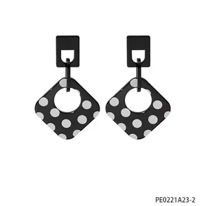 Retro Polka Dot Square Drop Earrings, Black & White Acrylic Geometric Dangle Earrings