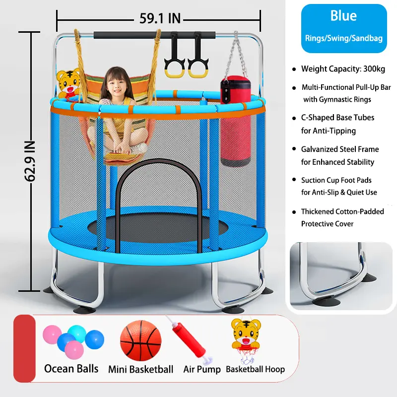 59.1" Trampoline for Kids with Safety Net, Indoor & Outdoor Toddler Trampoline with Swing, Adjustable Gym Bar & Basketball Hoop, Fun Toy & Active Play for Boys & Girls