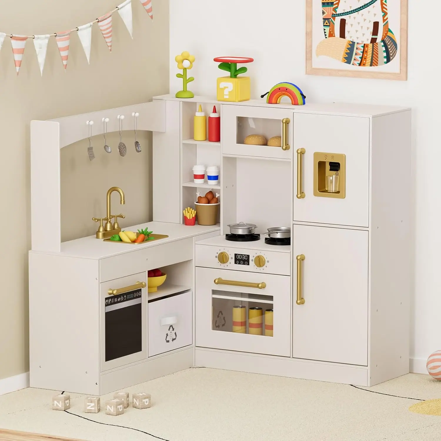 MAMIZO Wooden Corner Toddler Kitchen Set - Unisex Large Pretend Play Set for 2-3 Children with Refrigerator, Stove (Light & Sound), Disinfection Locker, Water Dispenser, Sink, Child-Friendly Paint, Modern Home Gift
