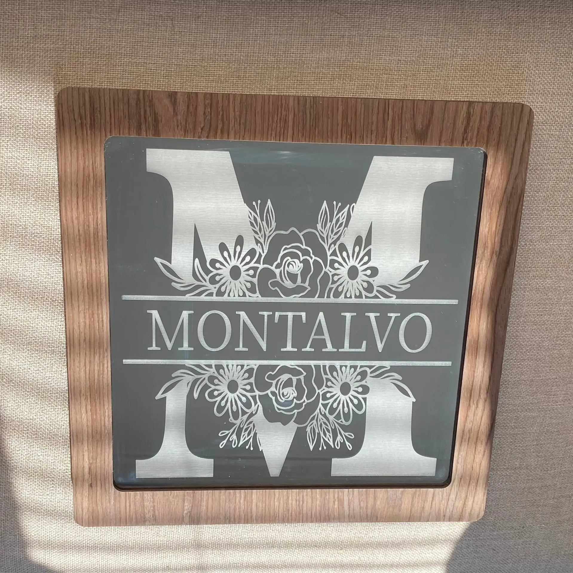 Elegant 11.5x11.5in Framed Square Walnut Floral Monogram Glass Mirror with Hook - Personalized Last Name Detail, Refined Touch Home Decor for Living Room Reflecting Both Style and Identity