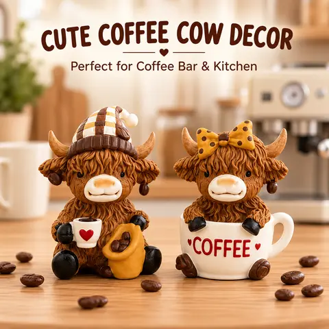 Highland Cow Resin Figure, Coffee-Tone Decorative Desktop Ornament, Compact Animal Collectible for Home Desk Workspace Decor, Unique Gift for Cow Lovers