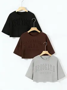 3 Pack Womens Oversized Half Sleeve Crop Tees 2026 Trendy Style Debossed Embossed City Graphic T Shirts Crew Neck Drop Shoulder Casual Tops Vintage Streetwear for Summer Daily Going Out Soft Comfy Multiple Colors Available