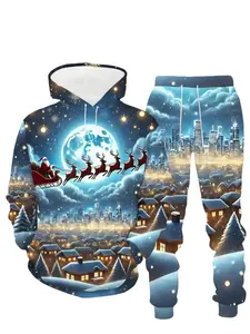 Men's Christmas City Snowscape 3D Printed Hoodie Set, Fitted Long Sleeve Sweatshirt & Pants, Fall Winter Outdoor Clothing Gift