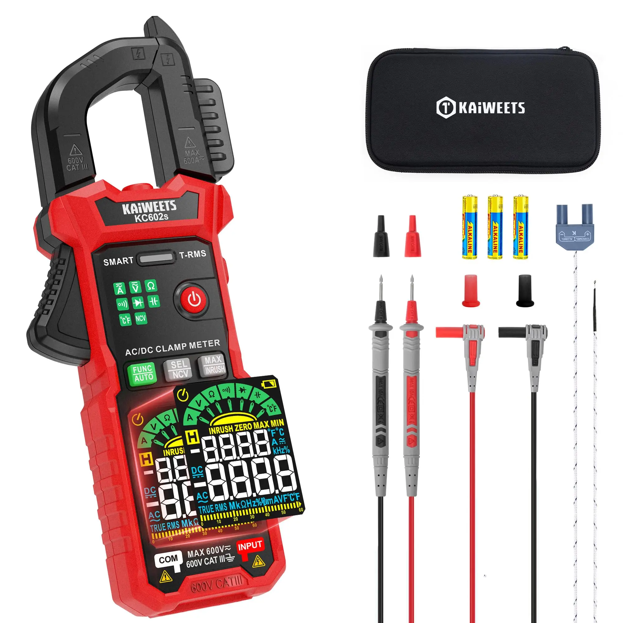 KAIWEETS KC602S Smart Clamp Meter Multimeter, 600A AC/DC Amp Meter, 6000 Counts HD Color LCD with Auto Mode, Inrush Current & NCV Voltage Check Tool for Home Repair, Automotive & Electrical Work, Voltage Resistance Capacitance Diode Continuity Test
