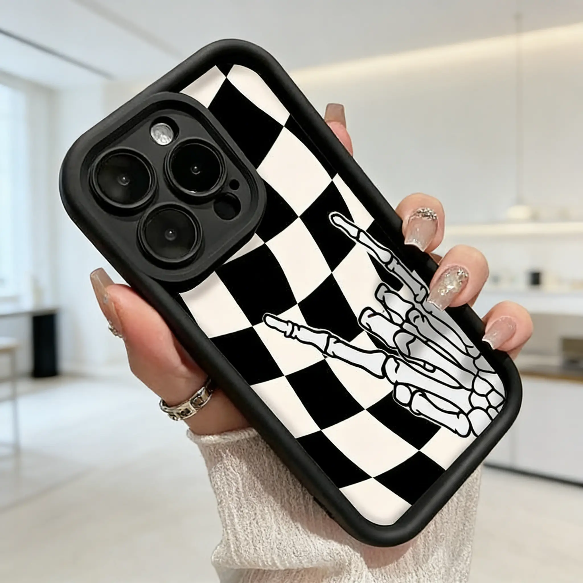 Checkered Skeleton Silicone Smartphone Case - Soft TPU Bumper, Shockproof, Rugged Lightweight Shell, UV Print, Precise Cutouts, Handheld Casing Accessory for Boys, iPhone 17 Pro Max,16 Plus,15,14,13,12,11,AirE Devices, Protection