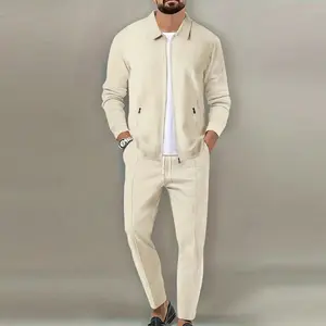 Men’s waffle knit tracksuit, two-piece casual outfit featuring a long-sleeve zip-up jacket and sweatpants set—lightweight sportswear suitable for workouts, running, and everyday wear