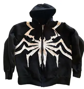American Gothic Spider Patch Cloth Embroidered Hoodie Y2K Zipper Design High Men's & Women's Sweatshirt Tops Streetwear Menswear Long Sleeve Casual Oversize Baggy Loose Pullover Black