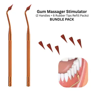Gum Massager Stimulator (2 Handles + 6 Rubber Tips Refill Packs) - Dental Plaque Remover Gingival Stimulator and Latex-Free Rubber Pick Dental Tip, Long Angled Neck
