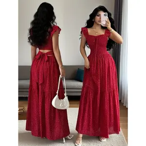 Women Red Chiffon Polka Dot Maxi Dress Square Neck Tie Back Pleated Elegant Summer Vacation Dress